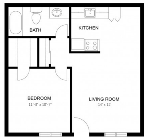 Floor plan for 1 bed, 1 bath, 580 sqft